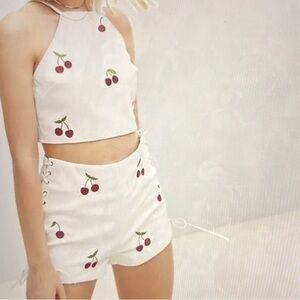 EMORY PARK Set, Cherry Motif Halter Top & Lace-Up Shorts, White Vegan Leather, L